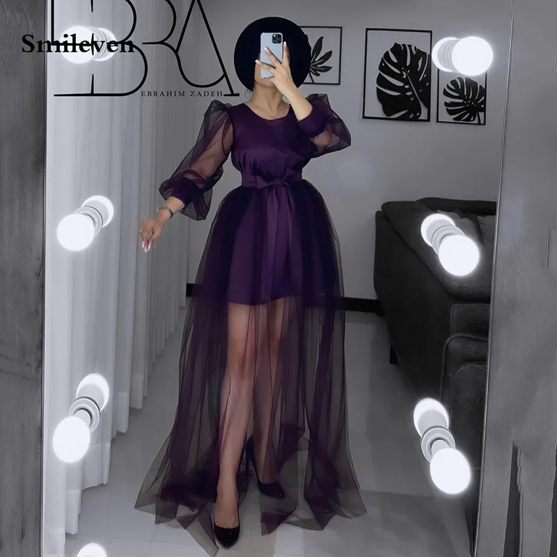 

Smileven Purple Prom Dresses Long Puff Sleeve Evening Party Dress Knee Length Saudi Arabia Formal Evening Gowns