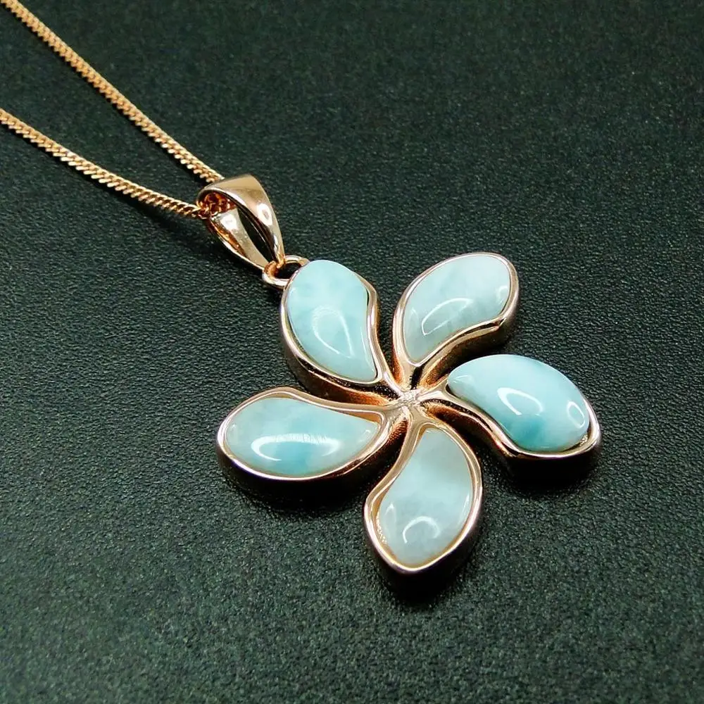 925 Sterling Silver Hawaiian Jewelry Natural Larimar 25mm Plumeria Flower Pendant Necklace For Gift |