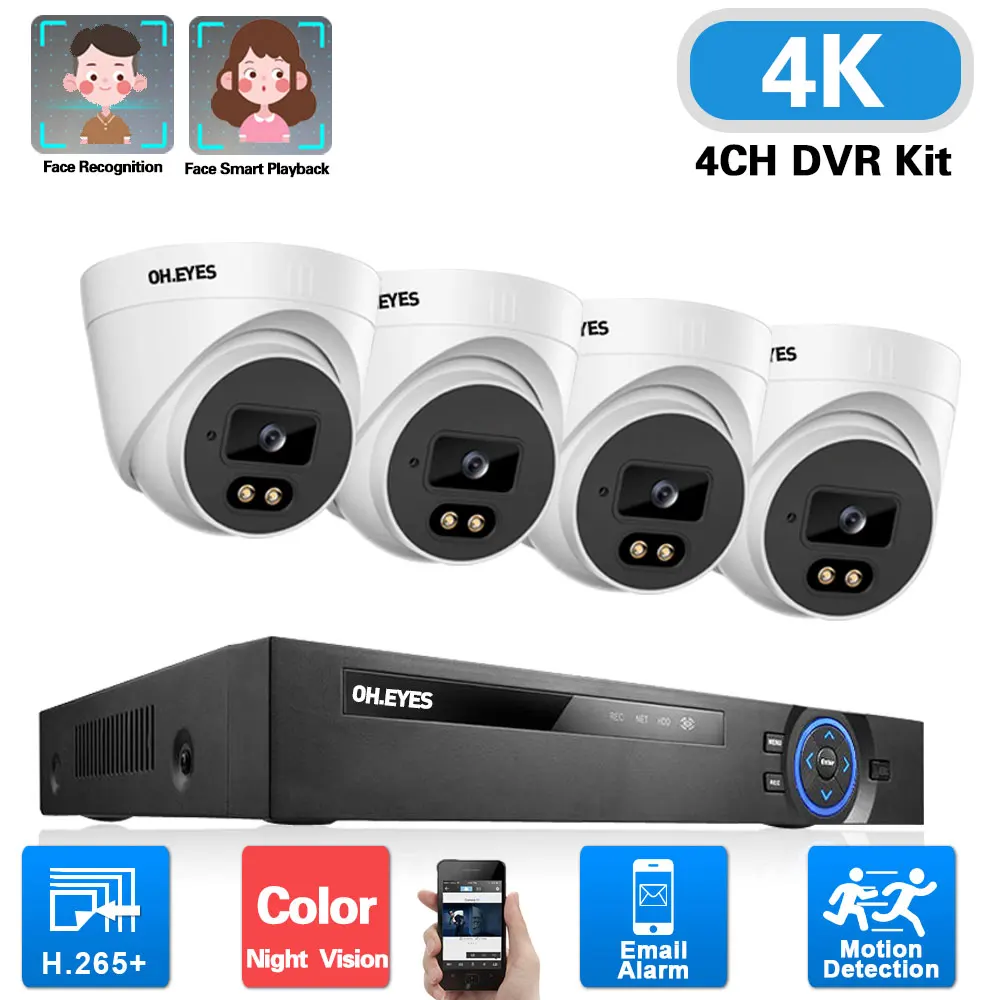 

4K Ultra HD Full Color Video Surveillance System 4CH 8MP H.265 DVR with 8MP Indoor Home AHD CCTV Dome Security Camera Kit XMEYE