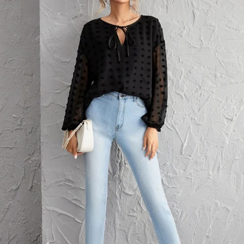 

Женская блузка с круглым вырезом, длинным рукавом, на шнуровке, одноцветная, полупрозрачная, повседневная, модные, свободные, офисные топы, О...