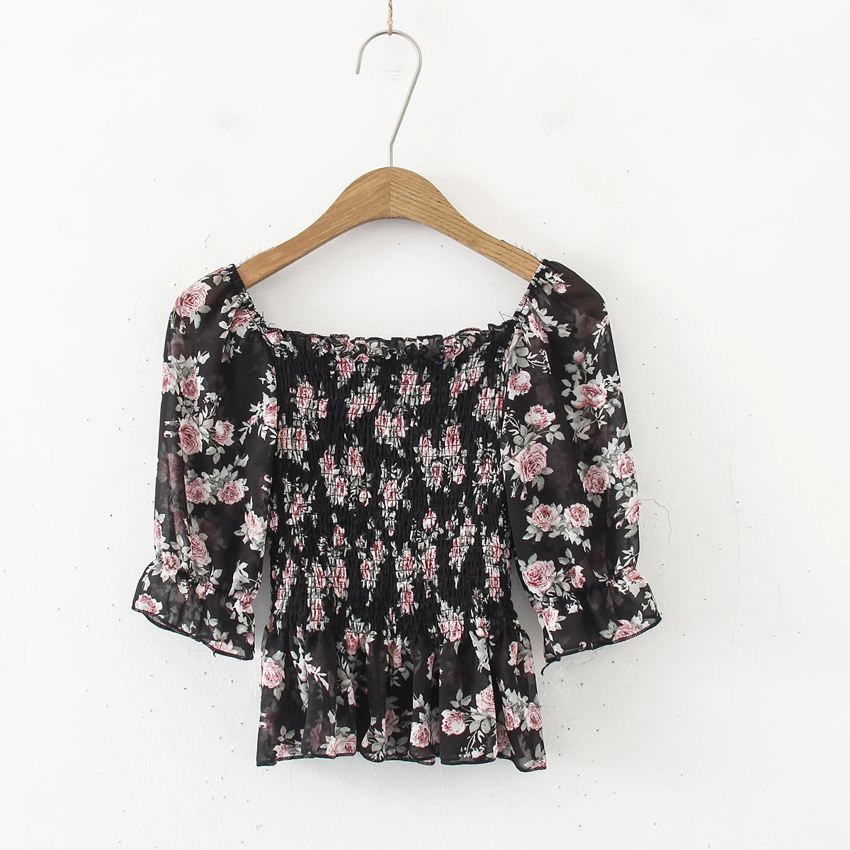 

Houthion New Summer Slim Comfortable Fashion Blouses One Word Collar Short Sleeve Printing Korean Women's Blouse