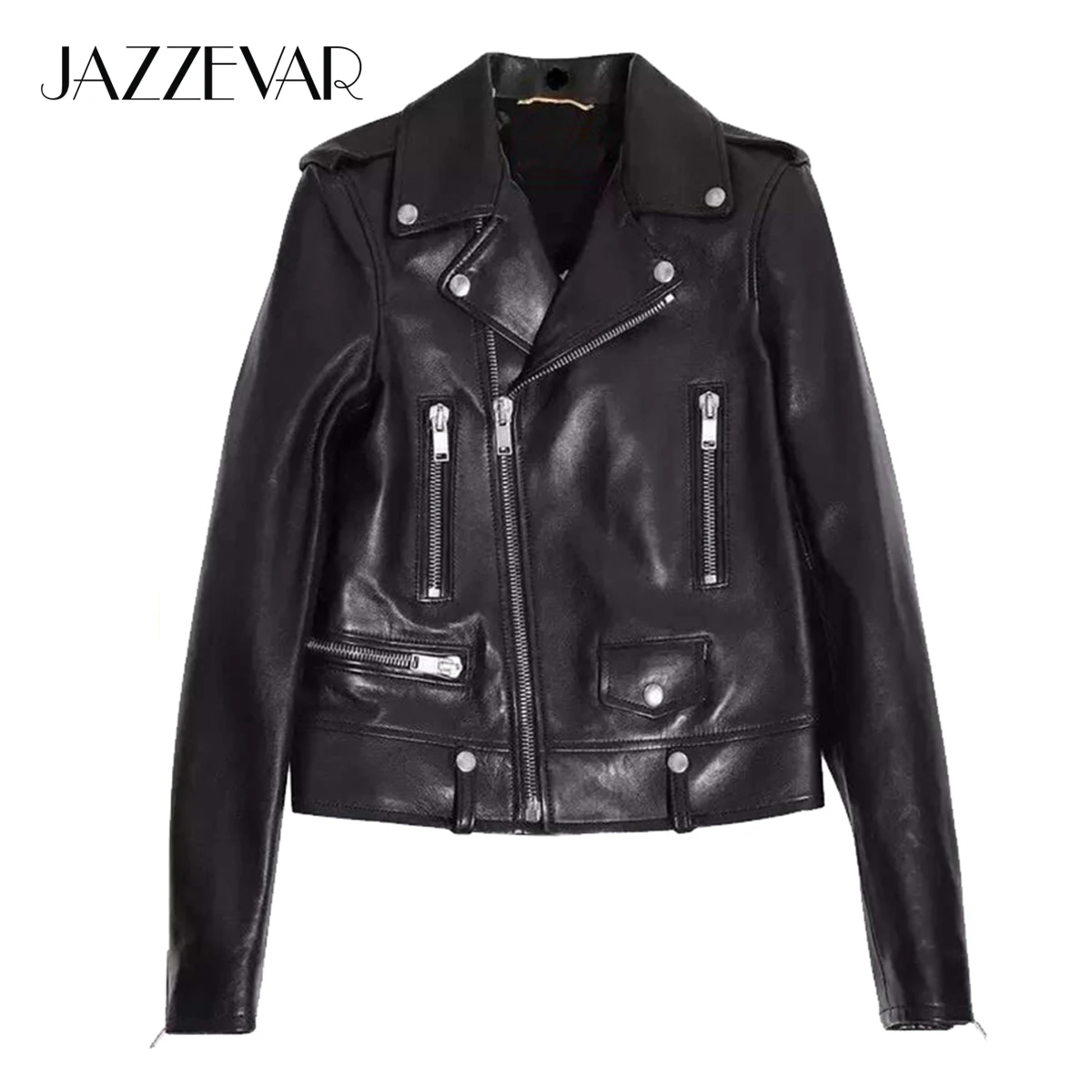 JAZZEVAR 2022 Classic High Fashion Street Women Real Sheep Skin Leather Jacket Black Genuine Leather short Motorcycle Jackets