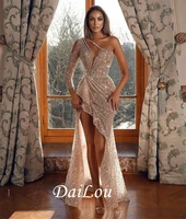 sexy one shoulder prom dresses side split illusion sequined dubai evening formal party second reception gowns 2021