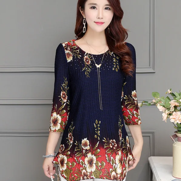 Женская шифоновая блузка с круглым вырезом и цветочным принтом размеры до