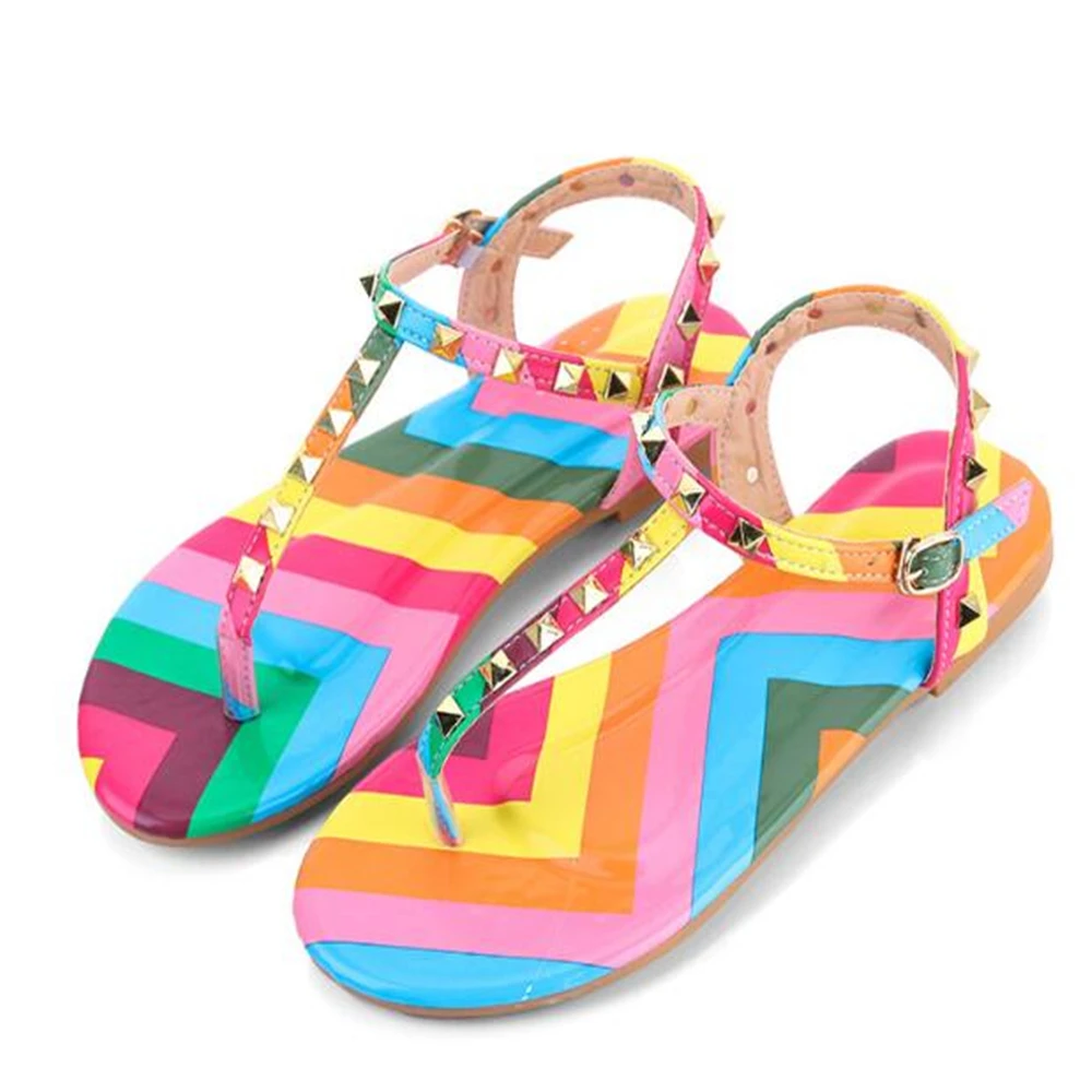 Женские шлепанцы женские сандалии с открытым носком радужной расцветки