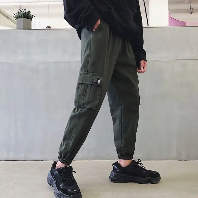 harajuku zipper streetwear women casual harem pants with chain solid black pant cool fashion hip hop long trousers capris | Женская
