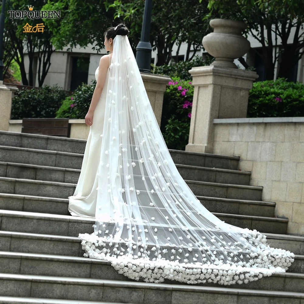 

TOPQUEEN V93 High-end High Quality Handcrafted 3m Long Cathedral Wedding Veil Super Dense Flowers Bridal Veil Soft Lolita Veil