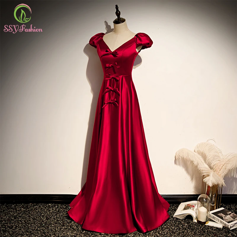 

SSYFashion New Wine Red Satin Evening Dress for Women Puff Sleeve A-line Floor-length Simple Party Formal Gown Vestidos De Noche
