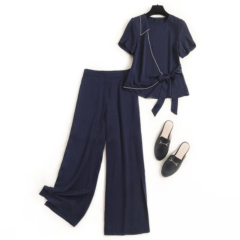 Patchwork bandage t-shirt lace-up straight leg pants 2 piece set women outfits OL clothes loose summer two piece set