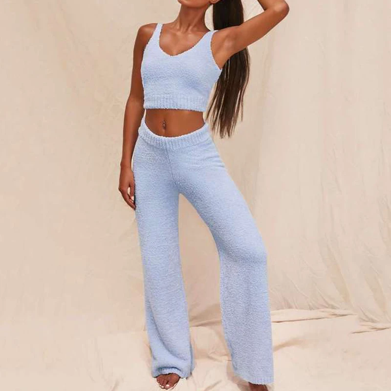 

Sexy V-neck umbilical vesttrousers two-piece suit New Autumn fashion solid color suit elastic waist pants suit loose casual Suit