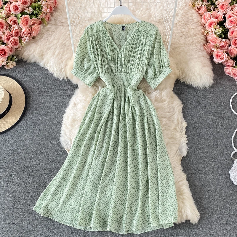 

Платье женское шифоновое с V-образным вырезом, винтажное приталенное длинное платье средней длины, с цветочным принтом, с пышными рукавами, ...