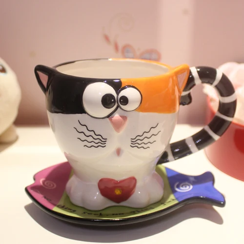3D мультфильм кофейные кружки креативный Кот чашка керамика чашки и блюдца цветной рисунок или узор стекло личность подарок на день рождения - Цвет: N- 330ml
