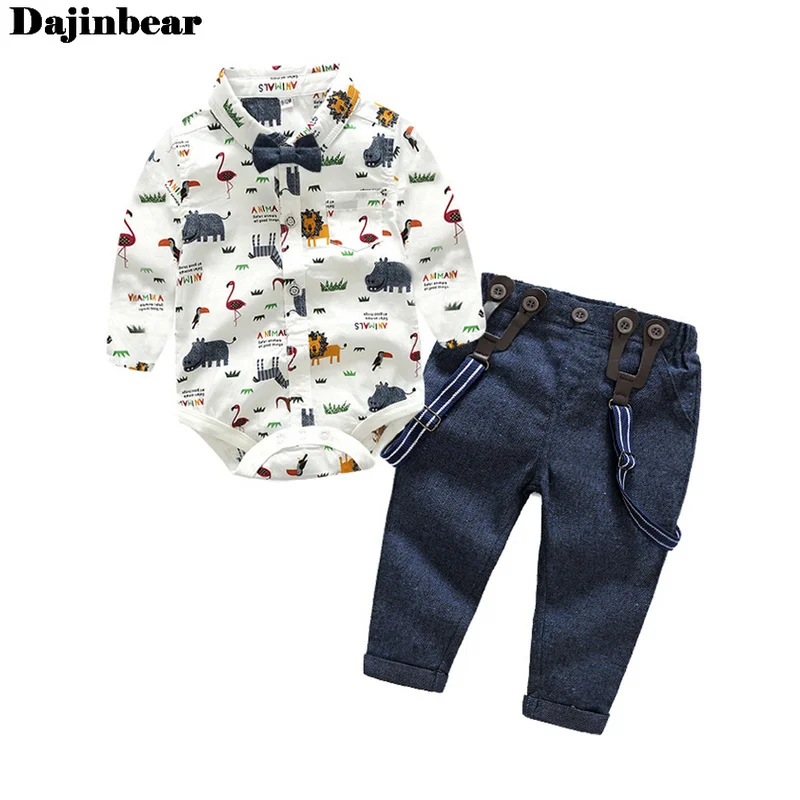 

Модный комплект одежды Dajinbear для маленьких мальчиков, хлопковая рубашка с длинным рукавом и галстуком-бабочкой + штаны на подтяжках, наряды ...