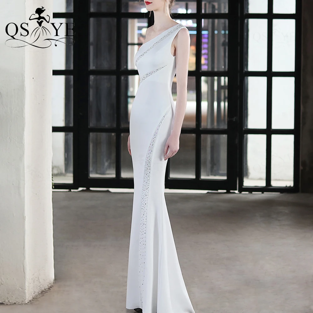 

One Shoulder White Evening Dresses Mermaid Long Prom Gown Fit Party Dress Beading Sequin Formal Gown Side Zipper Women Dress