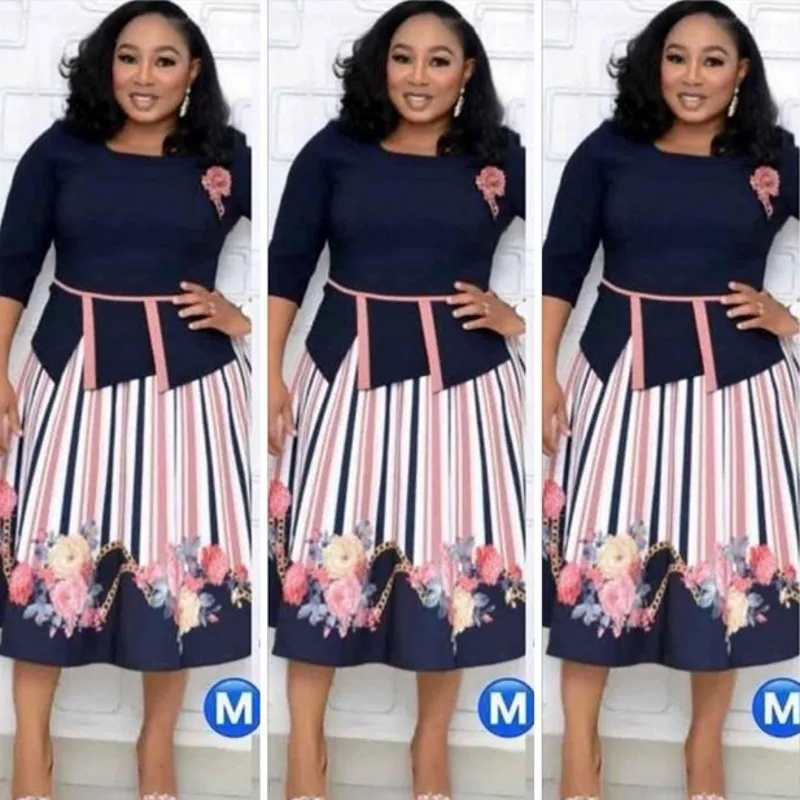 4XL размера плюс комплект из обуви в африканском стиле платье для женщин 3/4 полоску