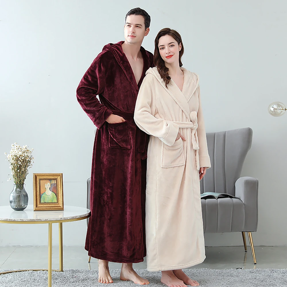 

Autumn Winter Flannel Hooded Bath Robes Mens Towel Robe Couple Warm Warm Bathrobe Thicken Lengthen Coral Fleece Kimono Nightgown