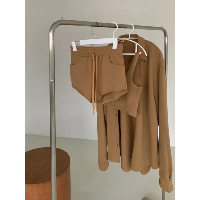 

Three-piece Suit Woman Spring Autumn Loose Turn-down Collar Long Sleeve Cardigan Low-cut Tank Tops Streetwear Shorts Korean