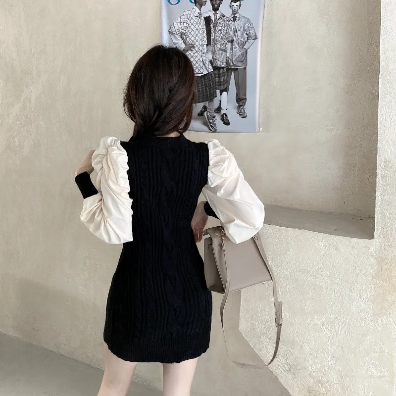 

High Waist Hip A Line Slim Dress Women Half High Neck Pullover Lantern Long Sleeve Knit Pull Femme Hit Color Robe Winter