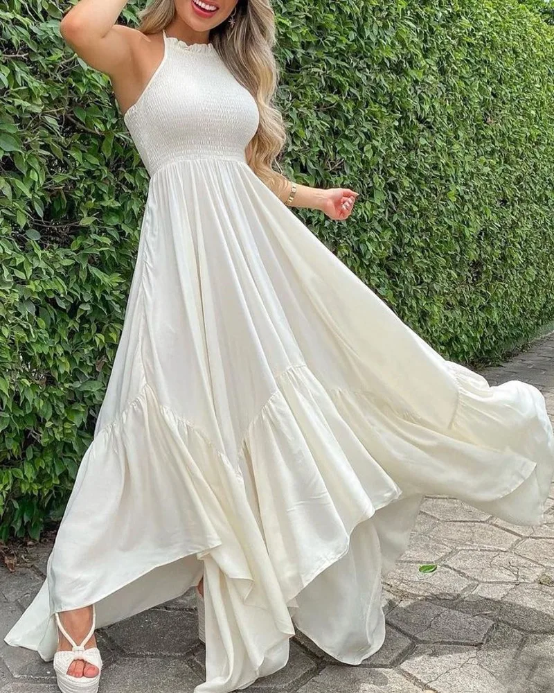 

Summer Bohemian Style Sleeveless Long Dress Women Fashion Beach Style Pure Color Irregular Maxi Dress for Women