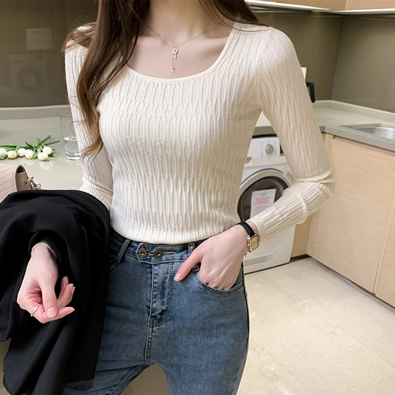 

Повседневный свитер с круглым вырезом, осенне-зимний облегающий свитер, женские однотонные вязаные свитера, пуловеры, мягкий женский джемп...