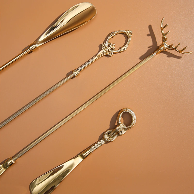 European Retro Shoe Lifter Home Entrance Decoration Copper Carved Shoe Horns Classical Home Decor