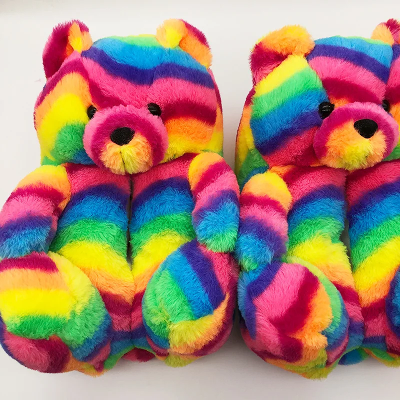

Teddy Bear women christmas plush slippers Cartoon Cute Bear House Slipper Furry Faux Fur Slides Woman Furry Flip Flop Shoes