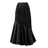 peikong brand autumn winter velvet fishtail elastic irregular slimming flounced long pleated black suede skirt skirts womens