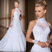custom made 2018 a line high neck lace vestido de noiva casamento bridal gown off the shoulder mother of the bride dresses