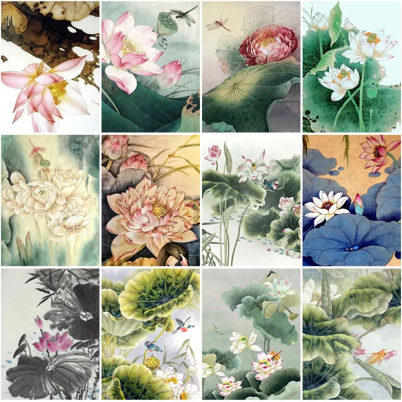

Lotus Ink Flower Pictures 5D Diy Diamond Painting Full Drill Embroidery Cross Stitch Art Craft Kits Home Decor Needlework Gift