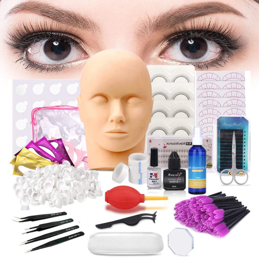20PCS False Eyelash Extension Training Kit Grafting Exercise Model Head Tweezer Tool 20 in1 Massage Makeup Beginner Practice Kit