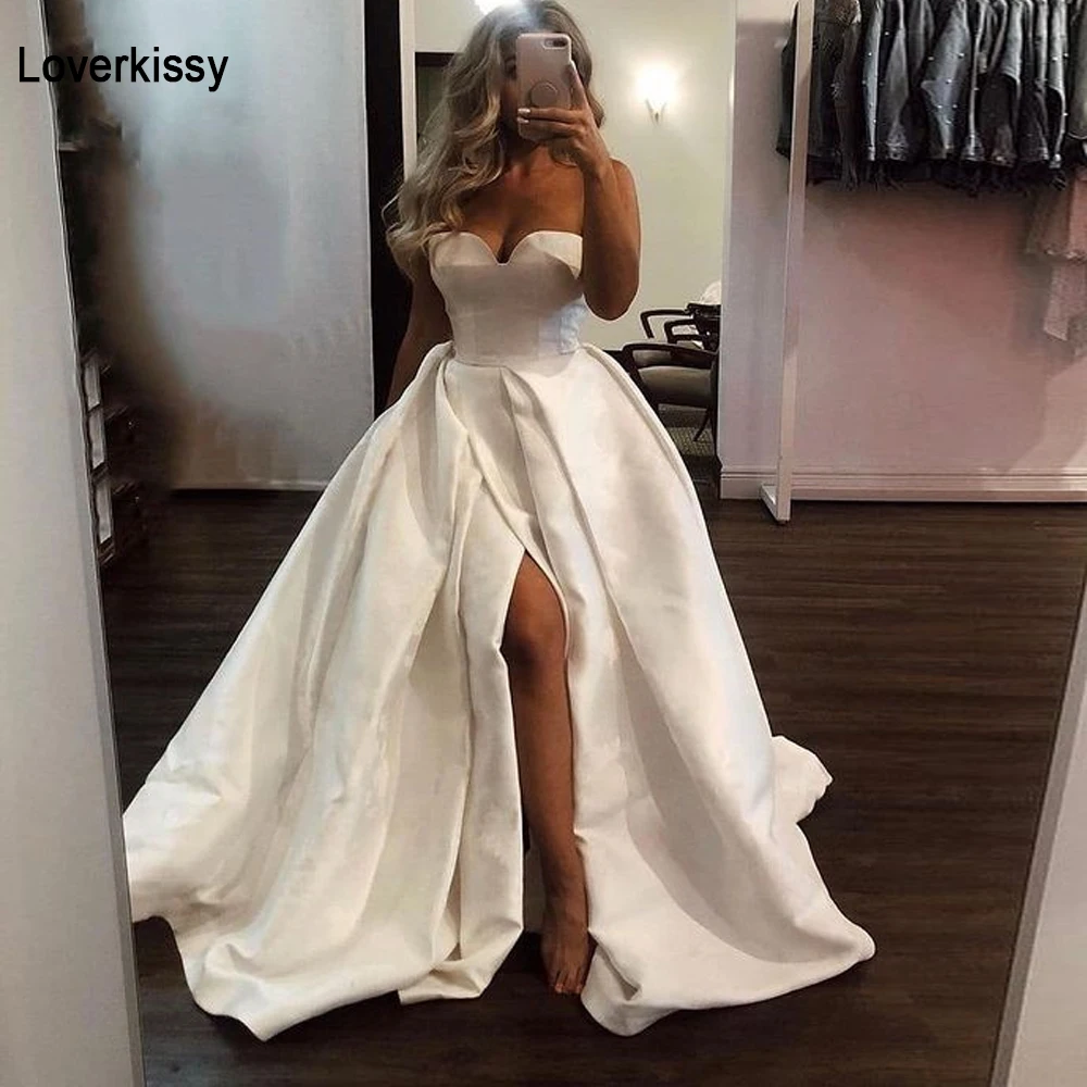 

Loverkissy Simple Satin Wedding Dresses With Slit Off Shoulder Sweetheart A Line Bridal Gowns Beach Country Wedding Gowns Corset