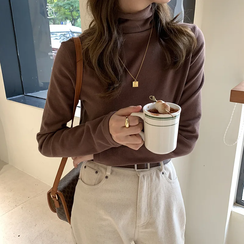 Хлопковые топы с длинным воротником Женский базовый топ высоким рубашка рукавом