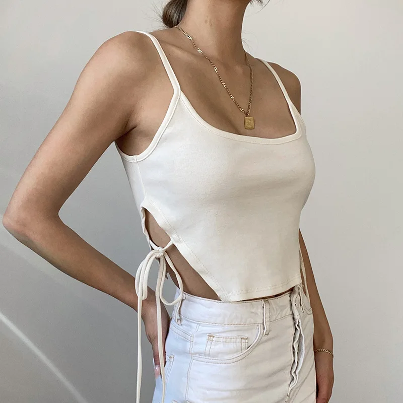 

Women Sexy Crop Top Basic Sleeveless Backless Solid Color Camisole Tank Side Bandage Stylish Ladies Party Clubwear
