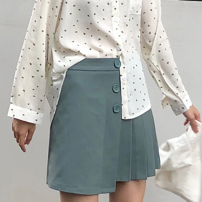 

BETHQUENOY Woman Midi Jupe Green Pleated Skirt Women Irregular Skirt Femme Saias Mulher Plisada Spodnica Damska 2021