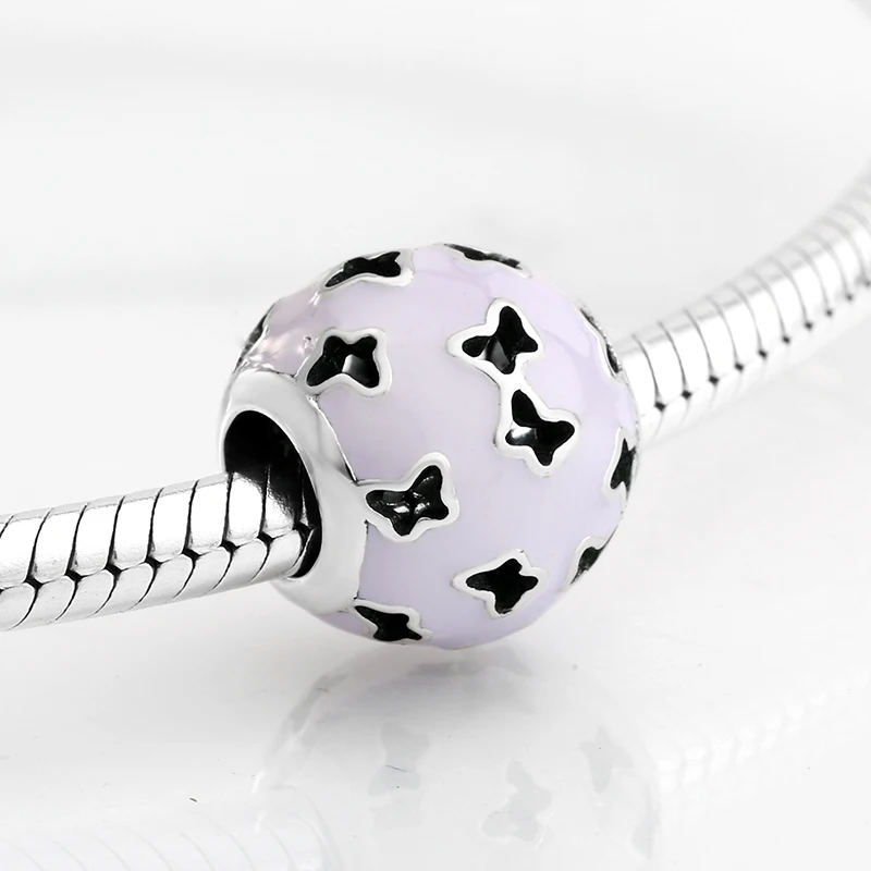 Настоящее серебро 925 пробы фиолетовая эмалированная бабочка изящные бусины