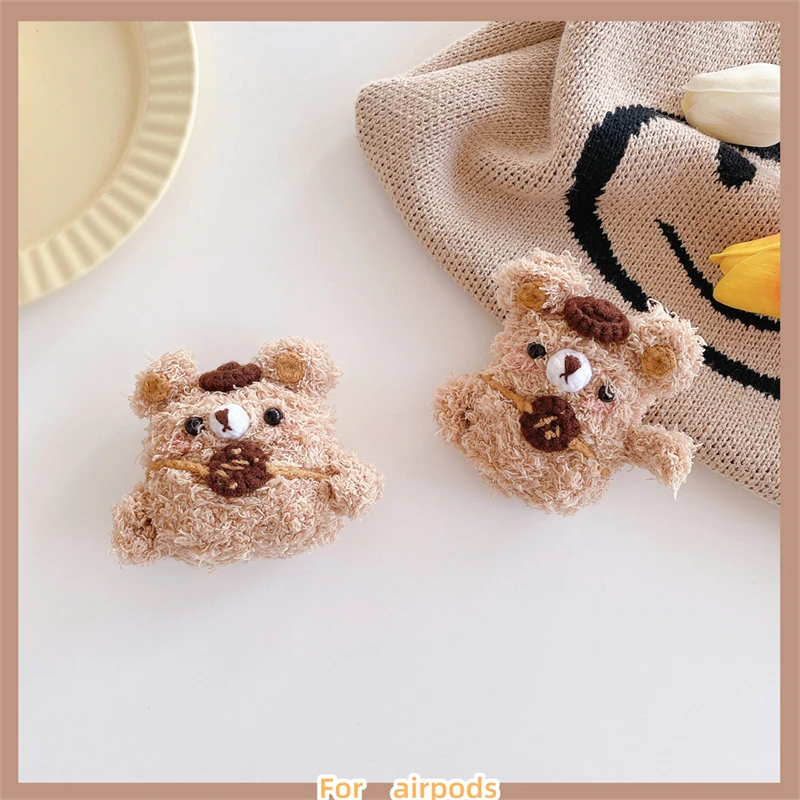 

Cute Cartoon Woolen Bear Case For AirPods 1 2 Pro Box Winter Plush Soft Silicone Wireless Bluetooth Earphone Protection Cover