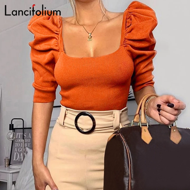 Puff Sleeve Blouse Women Vintage Square Neck Korean Style Tops Elegant Laides Sexy White Black Shirt Summer Cropped Blouse 2020