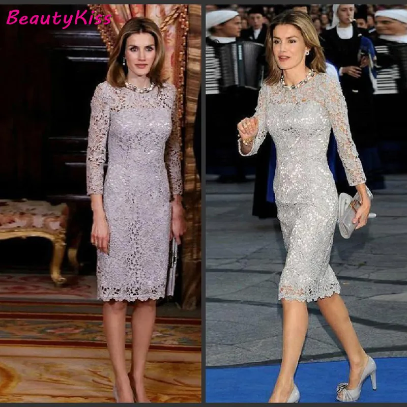 

2020 Elegant Gray Lace Mother Of The Bride Dresses Wide-waisted Long Sleeves Knee Length Formal Evening Party Gowns Plus Size