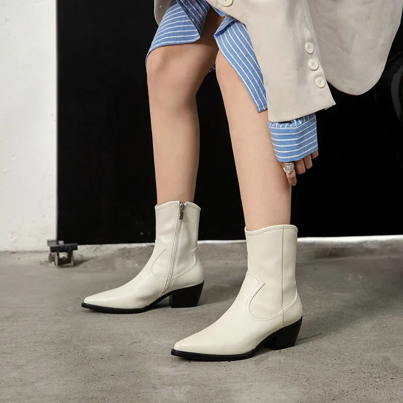 

MEMUNIA 2020 new arrive autumn winter ankle boots women genuine leather thick heel casual shoes pointed toe Western boots woman