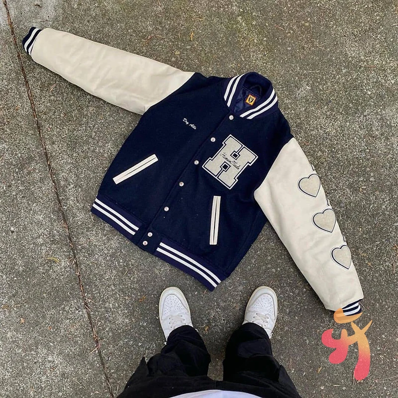 

Human Made Jacket Big H Letter Flocking Baseball Uniform Jacket for Men and Women Human Made Loose Casual Couple Jacket