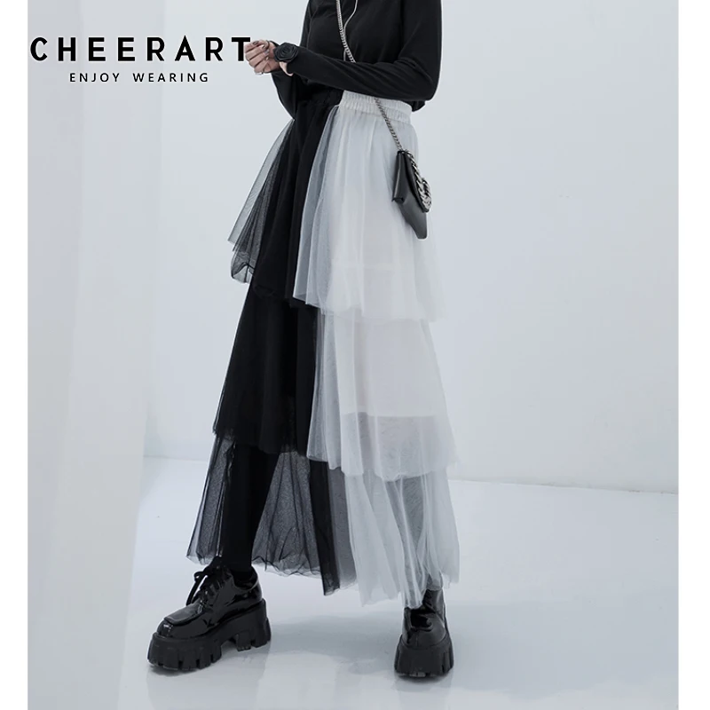 Черно-белая сетчатая юбка CHEERART 2020 Женская длинная многослойная с высокой талией