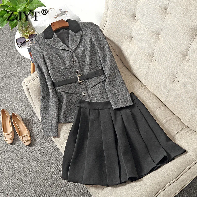 

Elegant Office Lady Two Piece Outfits Autumn Winter Dress Set Turn Down Collar Belt Blazer Suit Mini Pleated Skirt Suits