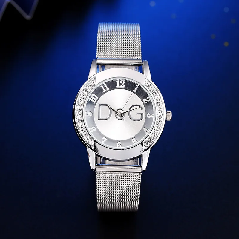 

Gold silver diamond case, point diamonds, simple fashion personality, ladies stainless steel band quartz alloy ladies watch