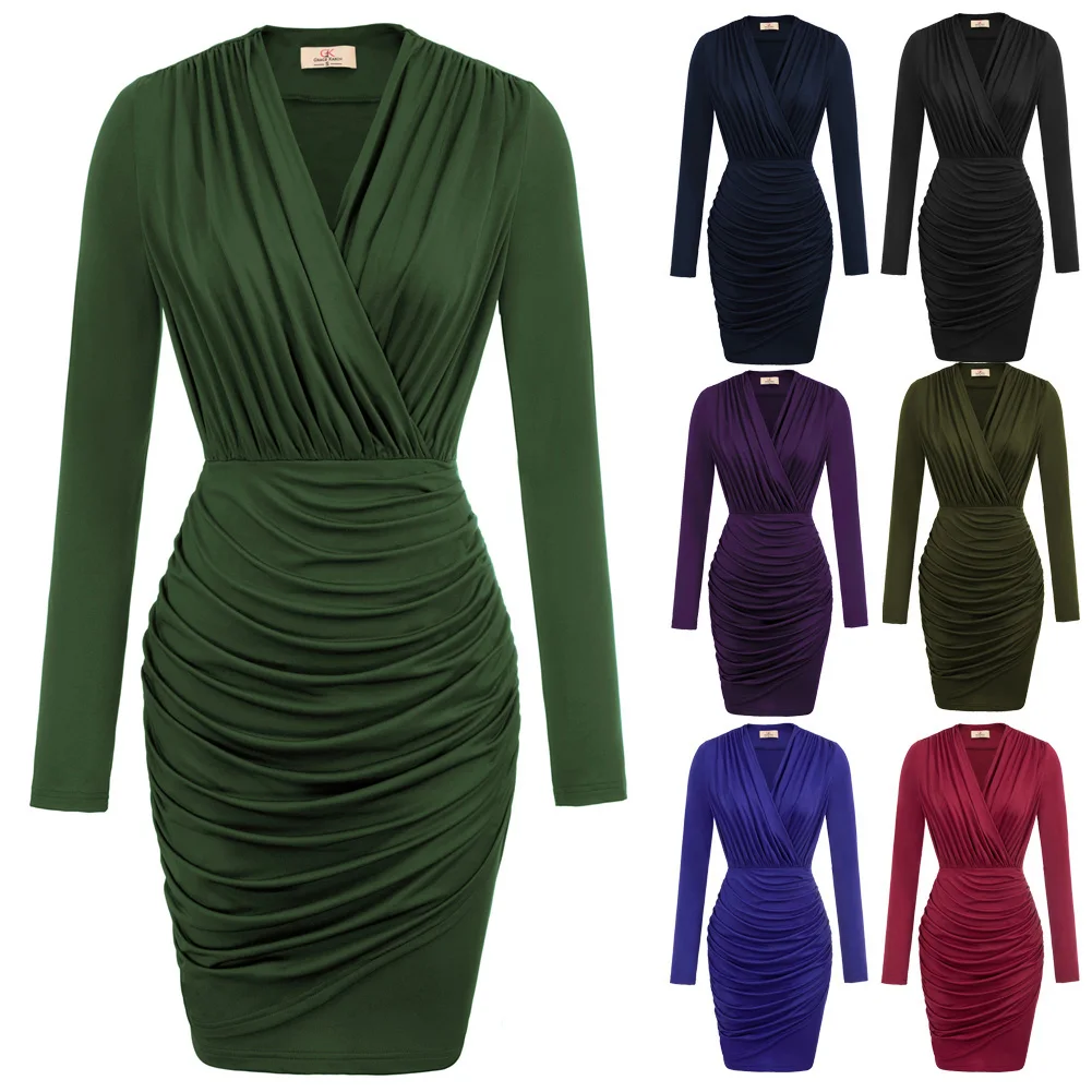 Women V-Neck Dress Pleated Hips-Wrapped Bodycon Pencil Casual Formal Women's Long Sleeves Clothing Chest Pleated Hip Dress New