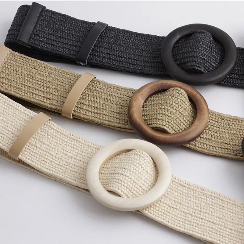 

New Hot Sold Bohemian Wide Belt PP Grass Braided Wide Belt Round Wooden Square Plastic Buckle Waistband Casual Female Wide Strap