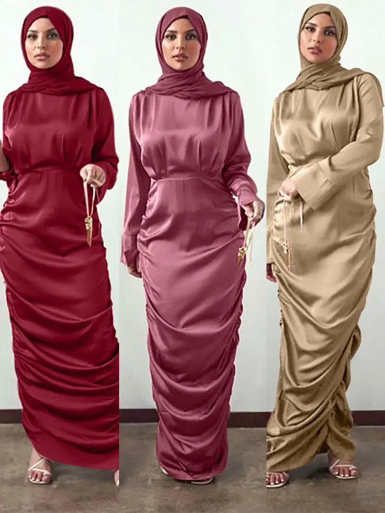 Мусульманское длинное платье Дубай абайя Женская мода имитация шелка эластичные