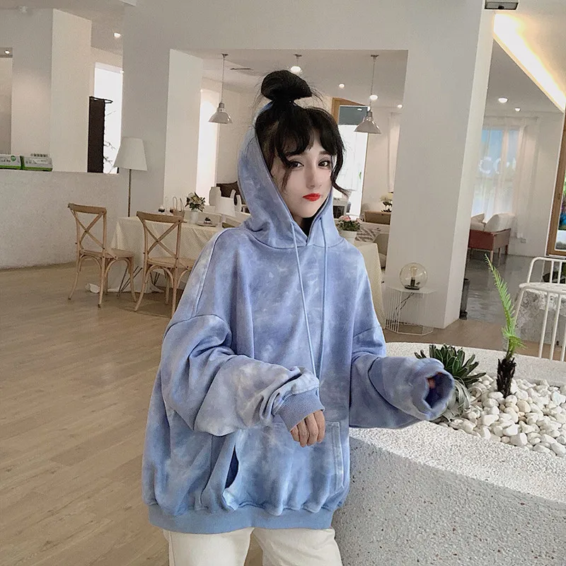 Корейские уличные милые синие толстовки KPOP галстук окрашенные Свободные Harajuku пуловер Tumblr Kawaii с длинными рукавами розовый свитер с капюшоном
