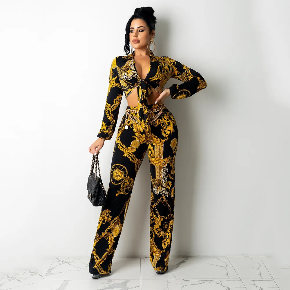 

Ladies 2-Piece Fashion Slim-Fit Printing Long-Sleeved Shirt Trousers Two-Piece Casual Office Long Street Professional Suit Women
