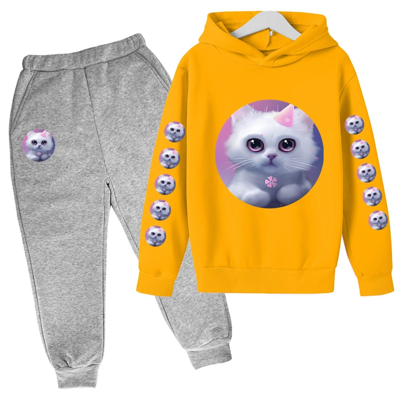 

Детский спортивный костюм из двух предметов, толстовка с капюшоном и штаны с принтом кота для маленьких мальчиков и девочек