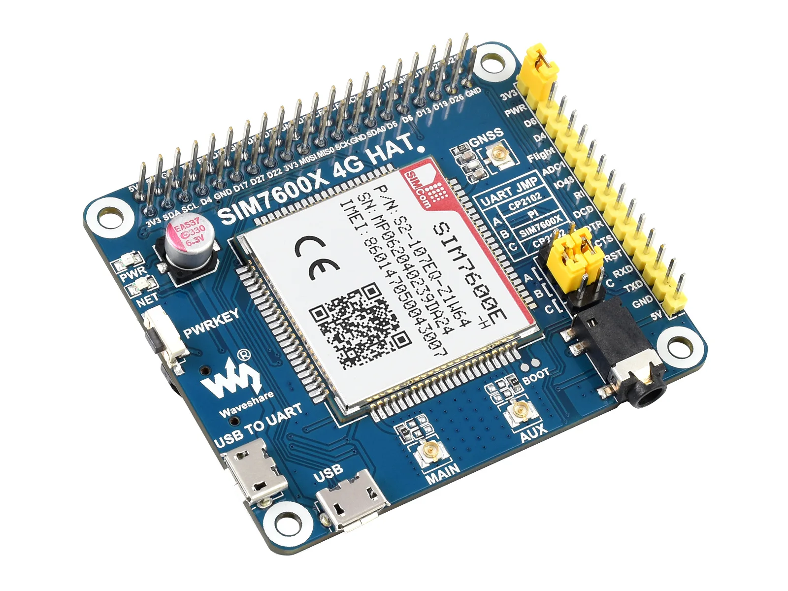 Waveshare SIM7600E H 4G шляпа для Raspberry Pi LTE Cat 4 / 3G 2G ГНСС Европа Юго Восточная Азия Западная